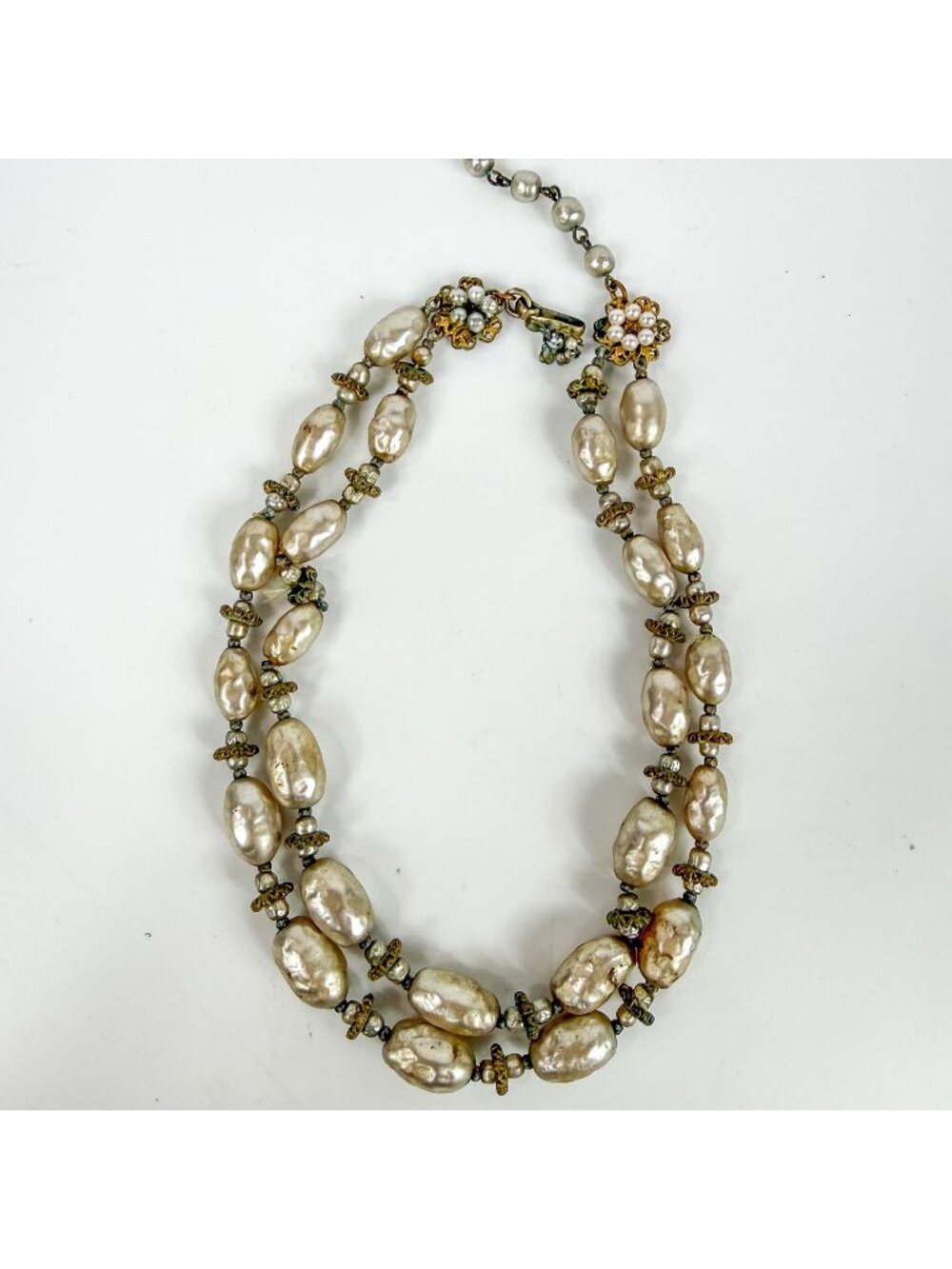 Miriam Haskell Vintage Double Strand Faux Pearl Necklace Filigree Flower Clasp